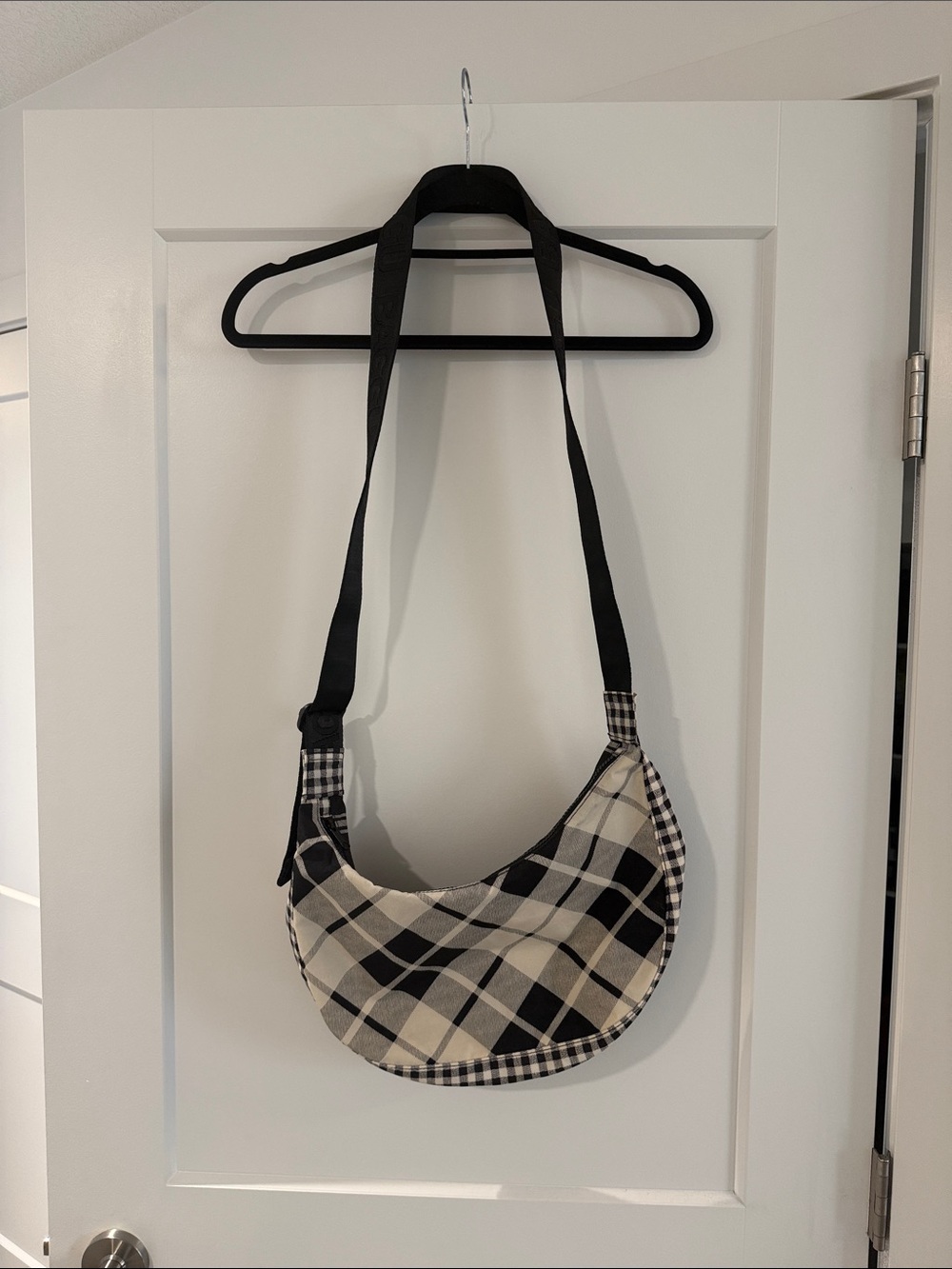 Baggu medium nylon crescent bag in mixed plaid print